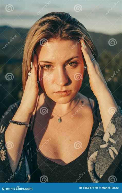 Blonde Cute Girl In Nature Landscape Stock Photo Image Of Cute Portrait 186547170