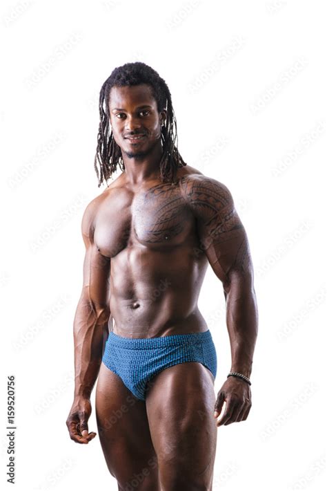 African American Bodybuilder Man Naked Muscular Torso Wearing Underwear Against Black