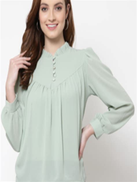 Buy Mafadeny Green Mandarin Collar Chiffon Top Tops For Women