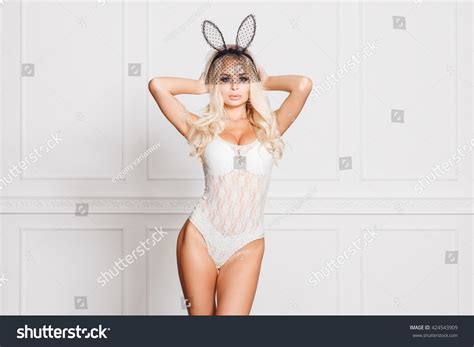 Portrait Sexy Blonde White Lingerie Lace Stock Photo 424543909