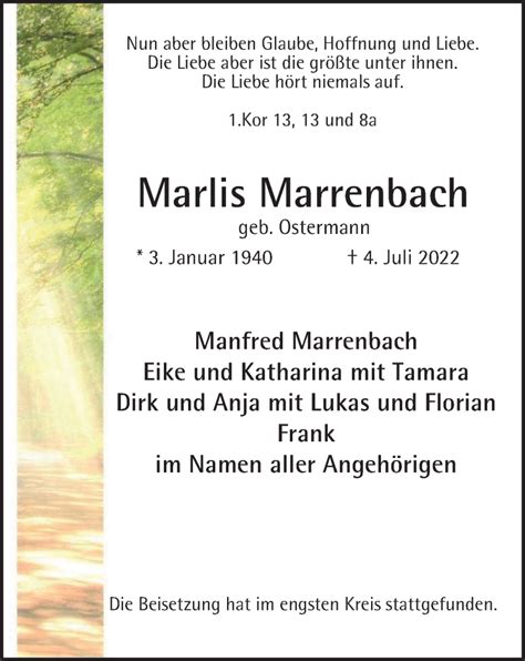 Traueranzeigen Von Marlis Marrenbach Trauer In NRW De