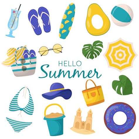 Set Of Cute Summer Elements Surfboard Cocktail Bag Hat Palm Tree Bikini Flip Flops Beach