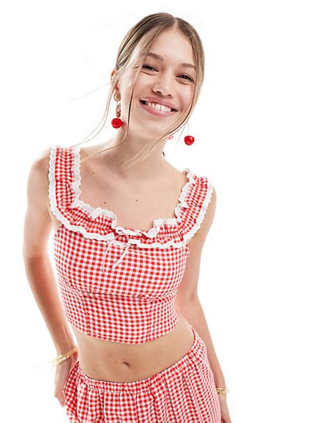 Miss Selfridge Gingham Ruffle Trim Cami Top Co Ord In Red Asos