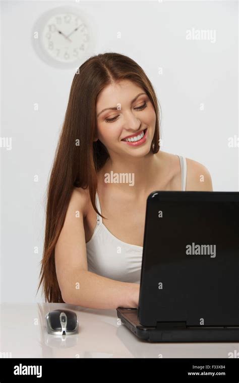 Beautiful Brunette Woman With Laptop Stock Photo Alamy