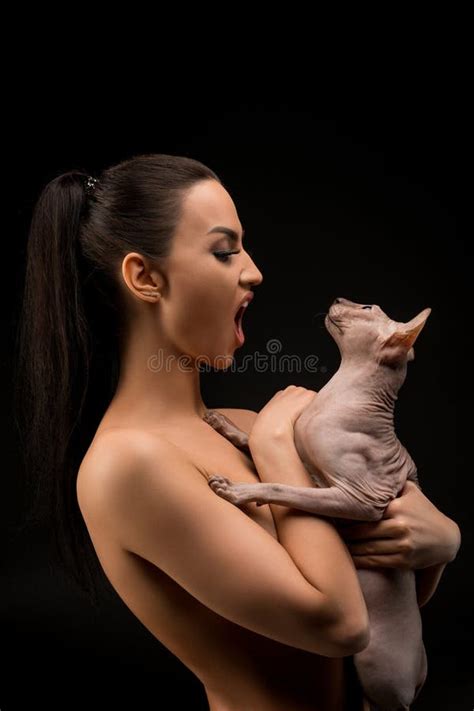 Nude Girl With Sphynx Cat Cropped Portrait Stock Photo Image Of Emotional Creative