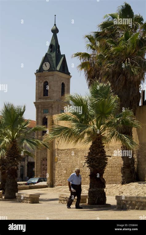 Old Man Walking Near The Clock Tower Old Jaffa Tel Aviv Israel Stock