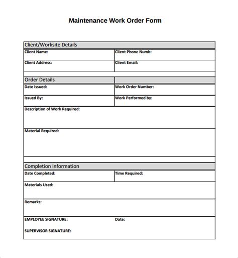 sample maintenance work order forms