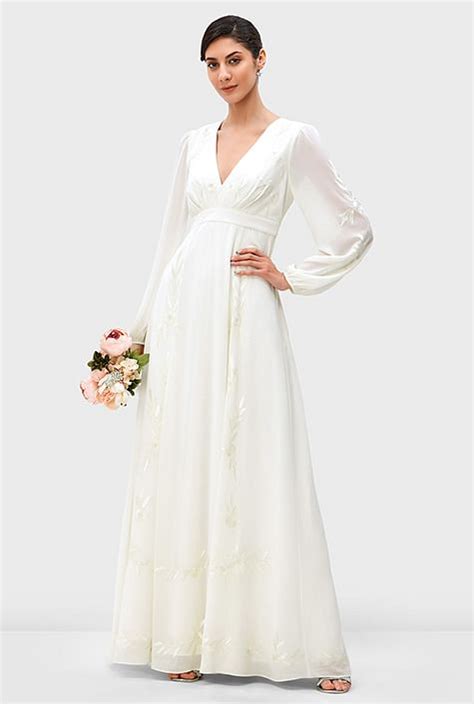 Shop Floral Embroidery Chiffon Empire Maxi Dress Eshakti