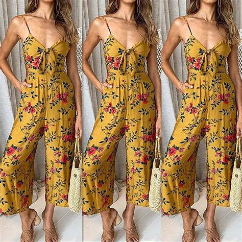 Summer Bohemian Yellow Beige Floral Print Rompers Women Jumpsuits Pants Sleeveless Jumpsuit