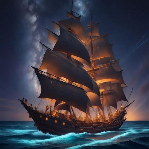 Premium Ai Image Pirate Ships Sailing Into A Bioluminescence Sea With