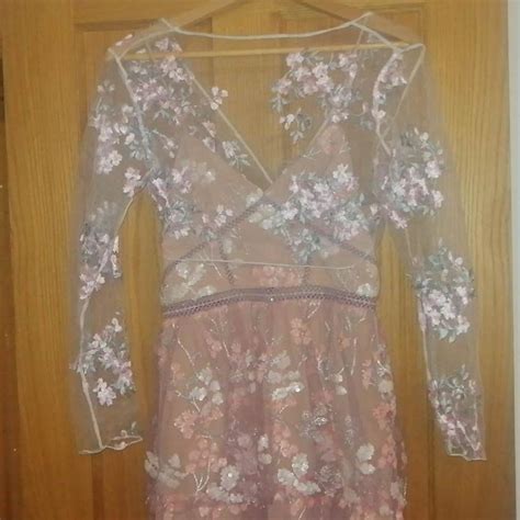 Nude Tan Midi Dress With A Layer Of Sheer Floweral Depop