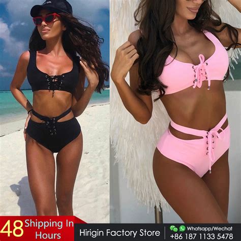 Hirigin Sexy Bandage High Waist Bikini Set Women Swimwear Push Up Padded Swimsuit Solid