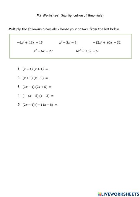 Multiplying Binomial To A Binomial Worksheet Live Worksheets