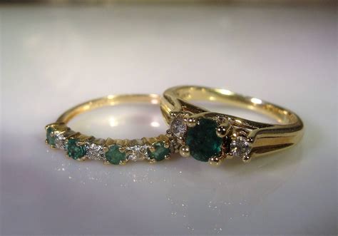 10k Bridal Set Emerald And Diamonds Wedding Ring Set Emerald Wedding