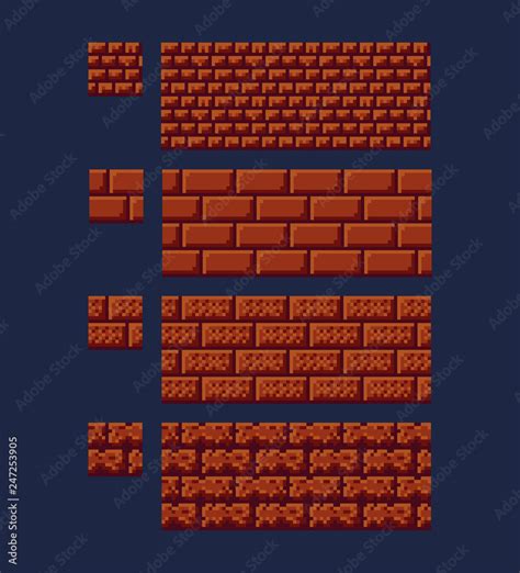 Vector illustration - set of 8 bit 16x16 red brick texture. Pixel art ...