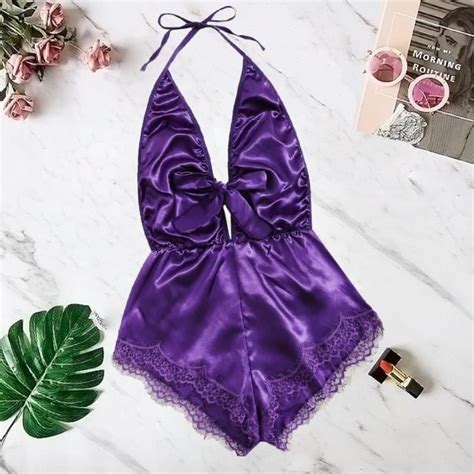 Femmes col en v dentelle tache noeud lingerie body vêtements de nuit pyjamas combinaison en soie
