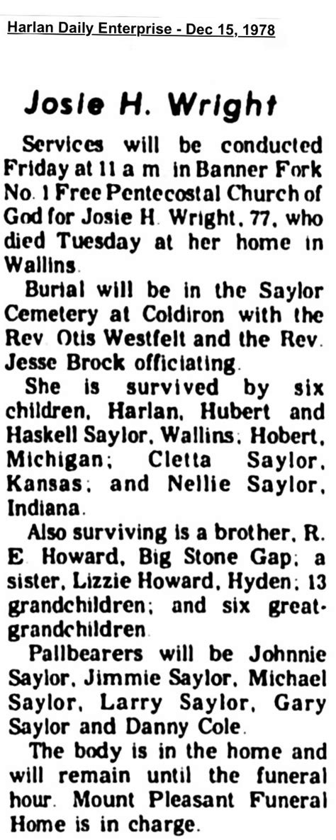 Josie Howard Wright 1901 1978 Mémorial Find A Grave