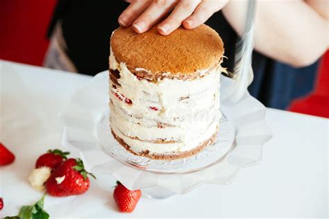 Woman Making The Naked Cake Stock Photo Image Of Cooking Icing 89135264