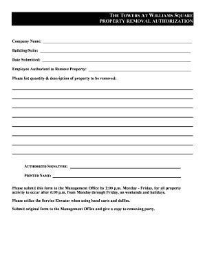 Fillable Online Thetowersatwilliamssquare Property Removal Form