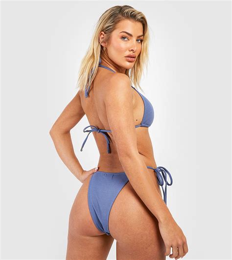 Buy Boohoo Ribbed Triangle Tie Side Bikini Set In Blue Thstreet Qatar