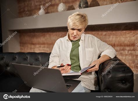 Blonde Middle Aged Psychologist Talking Client Consultation Laptop Online Session Stock Photo