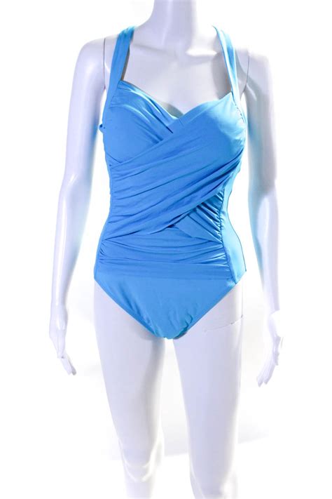 La Blanca Womens Nwt Ruched Front Open Back One Piece Swimsuit Sky Blue Size 10