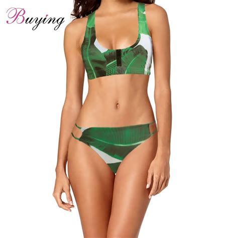 Sexy Bikini Women Palm Leaf Print Set Low Waist Push Up Tropical Forest