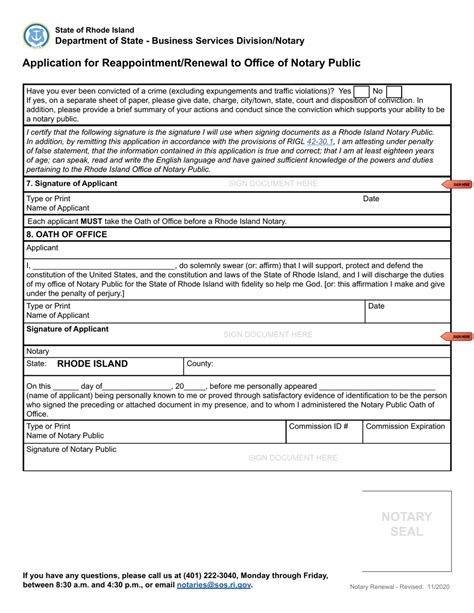 Rhode Island Application For Reappointment Renewal To Office Of Notary