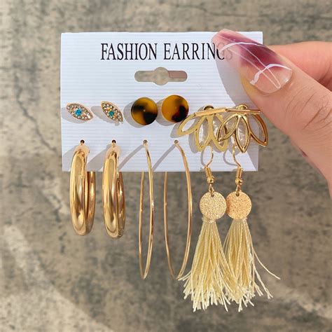 Trendy Gold Metal Earrings Set Fashion Geometric Pearl Circle Drop