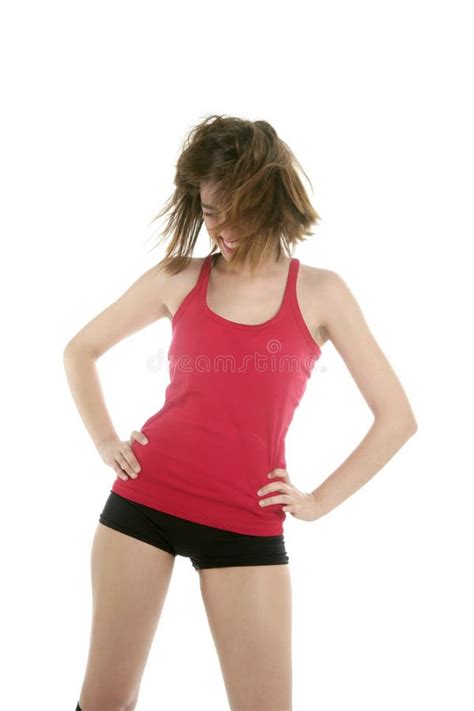 Beautiful Woman In Red Dancing On Studio Stock Image Image Of Hair Brunette