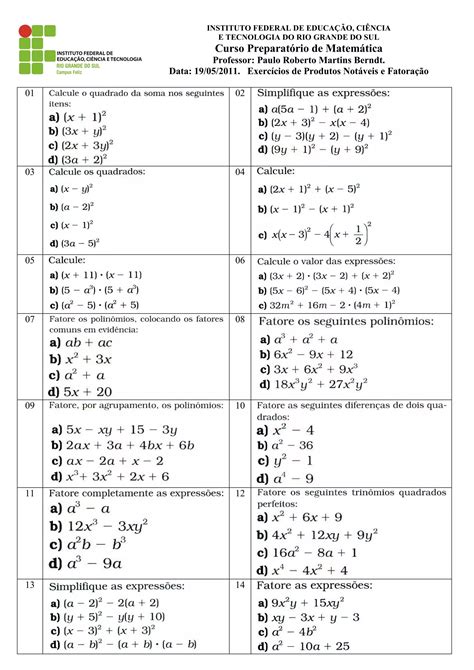 Exercicios De Matematica 8 Ano Produtos Notaveis Com Gabarito