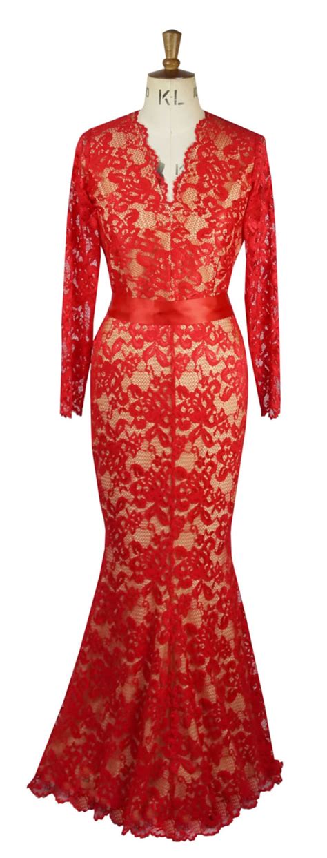 Baylis Knight Red Nude Lace Long Sleeve Low Cut FISHTAIL Etsy