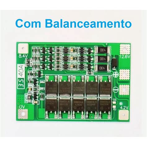 Placa Bms Proteção 3s 40a Com Balanceamento 11 1v 12 6v Bateria Lítio