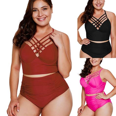 Bộ bikini lưng cao màu trơn thiết kế đơn giản có kích thước lớn dành cho nữ BigBuy