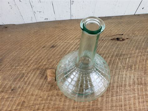 Vintage Aqua Glass Bottle W Cork Lid Wide Bottom Decanter Etsy