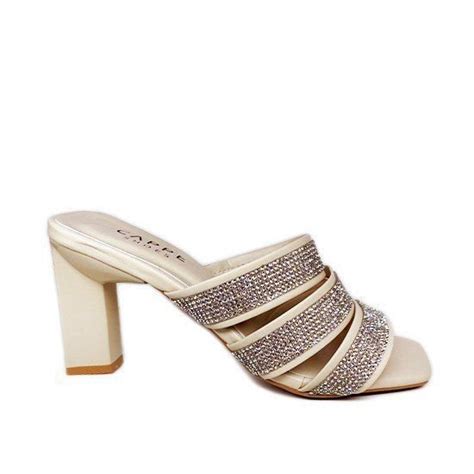 Sandália Nude Salto Bloco Tiras Strass Bege