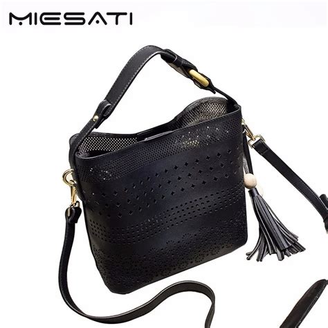 Miesati 2017 Brand Vintage Bucket Shoulder Female Large Crossbody Bags Hollow Out Flower Design