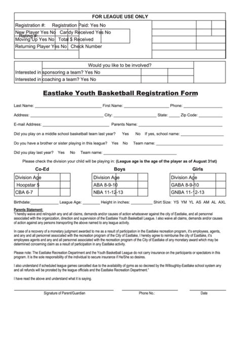 Youth Basketball Registration Form Printable Pdf Download