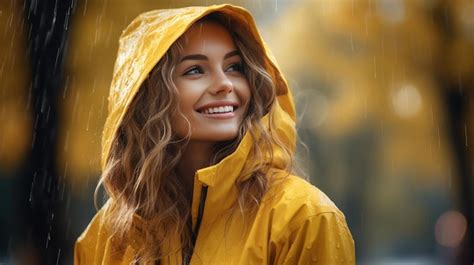 Premium Ai Image Woman In Yellow Raincoat With Umbrella In The Rain