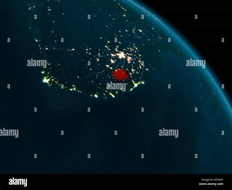 Orbit View Of Lesotho At Night Highlighted In Red On Planet Earth With