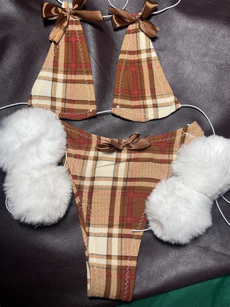Plaid Pom Pom School Girl Micro Bikini Halloween Stripper Outfit
