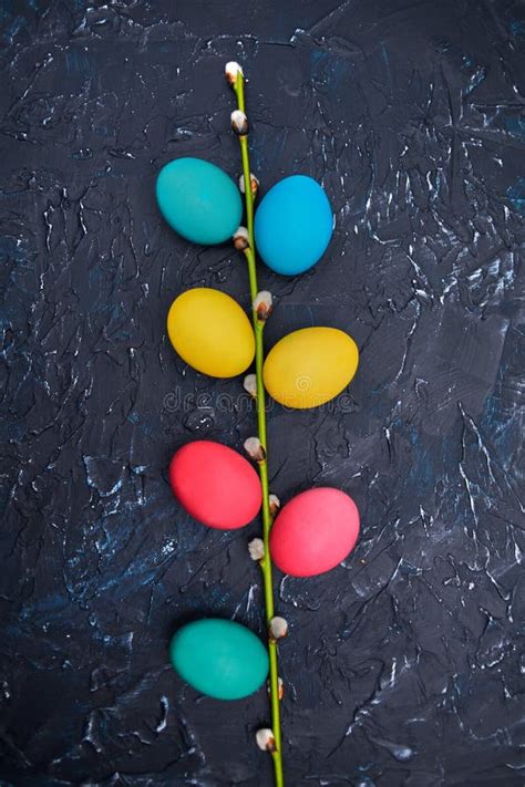 Happy Easter Painted Multi Colored Eggs On A Tree From The Branch Of A Pussy Willow Fur Seal