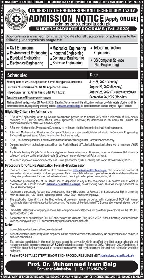 University Of Engineering And Technology Taxila Addmissions