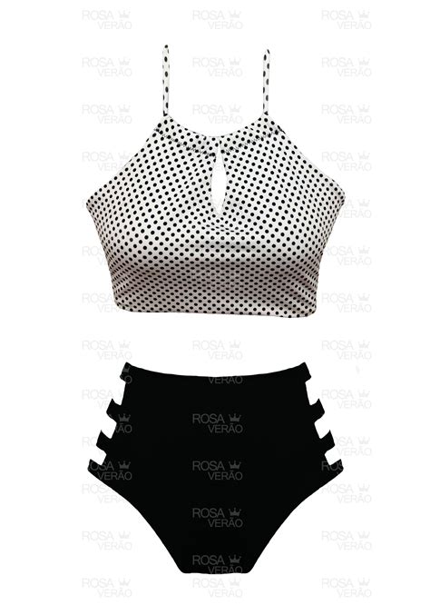 Biquíni cropped Cintura Alta Recortes Hot Pants Bolinhas Rosa Verão