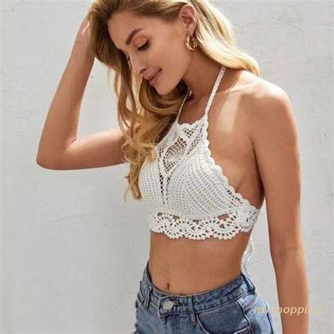Ivy Women Beach Crochet Daisy Floral Bikini Bra Hollow Out Knit Mesh Plaid Halter Crop Top Sexy
