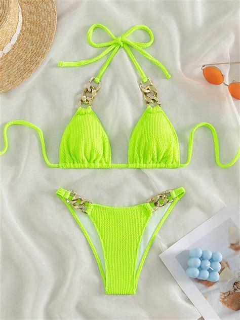 Sexy Neon Green Piece Bikini Set Women Halter Metal Stap Push Up Swimsuit Summer Lace