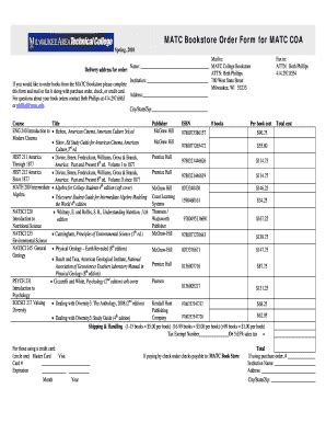 Fillable Online Coa Matc Matc Bookstore Order Form For Matc Coa Coa