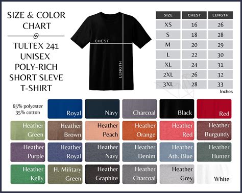 Tultex Color Chart Poly Rich T Shirt Color And Size Table