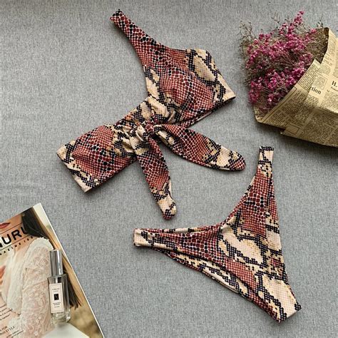 Snake Skin Printed Swimwear One Shoulder Bikini Set Chest Knot