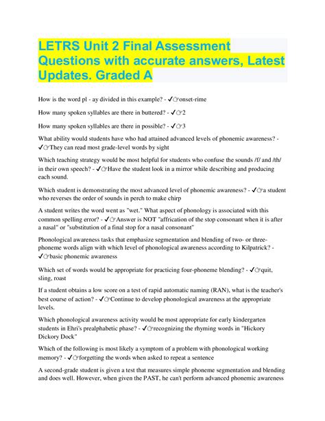 Letrs Unit 5 Assessment Answers Letrs Unit 6 Assessment Ques